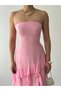 Women's Pink Strapless Collar Flounce Slit Detailed Long Evening Dress - 7