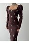 Women's Coffee Stone Detailed Square Neck Balloon Shoulder Long Sleeve Midi Dress - 7