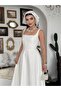 Women's Ecru Midi Dress Square Neck Strappy Patterned A-Line Midi Evening Dress - 5