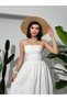 Women's Ecru Strappy Scallop Textured Square Neck Gathered Waist Long Dress - 7