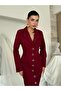 Women's Burgundy Long Cashmere Jacket with Collar, Buttons, Pockets, and Flared Cut - 5