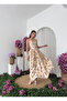 Women's Beige Midi Dress with Thin Straps, Square Neck, Floral Pattern, Gathered - 6