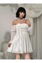 Women's White Mini Dress Chiffon Boat Neck Balloon Sleeves Gathered Flounces - 5