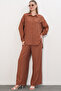Women's Textured Shirt and Pants Two-Piece Set 6710 - Tan