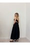 Women's Black Maxi Length Thin Strap V-Neck Layered Dress with Lace Detail - 3