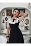 Women's Black Midi Dress Lace Collar Ruffle Detailed Balloon Sleeves A-Line Event Dress - 7