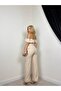 Women's Beige Blouse Trousers Set Carmen Collar Buttoned Pocket Flap Wide Leg - 2