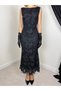 Women's Black Midi Lace Embroidered Sleeveless Ballerina Collar Lined Event Dress - 2