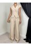 Women's Beige Jacket-Pants Set Jacket Pants Set Jacket Lapel Buttoned Sleeveless Wide Leg - 3