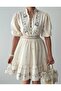 Women's Blue Mini Dress Floral Print Ruffle Collar Balloon Sleeves - 2