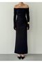Women's Black Boat Neck Draped Long Sleeve Dress with Slit Detail - 2