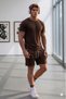 Men's Brown-Beige Ribbed Lisbon Cotton Crew Neck Shorts T-Shirt Sports Casual Combination Set