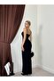 Women's Black Thin Straps Heart Neckline Drawstring Detailed Bodycon Maxi Dress - 2