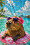 Pop Art Capybara with Glasses, Sea and Bagel Patterned 70X150 Beach Towel - Digital Printed Bath Towel - 3