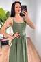 Women's Khaki Thick Strap Square Neck Button Detailed Gathered Long Dress - 4