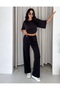 Women's Pique Textured Crop Blouse with Gathered Sides and Tie-Waist Wide-Leg Pants Two-Piece Set - 5