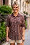 Light Brown Shirt Collar 3/4 Sleeve Pocketed Sequined Embroidered Casual Cotton Woven Blouse 67 54 - 4