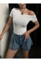 Kayık Yaka Single Shoulder Open Cotton Fabric Short Sleeve Blouse Ecru - 5