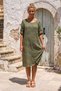 Khaki Pool Collar 3/4 Sleeve Hidden Pocket Lined Embroidered Casual Cotton Woven Dress 105 56 - 7