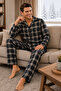 Plaid Pattern Long Sleeve Shirt Collar Buttoned Men's Pajama Set