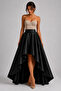 Women's Black Matte Satin High Low Asymmetrical Long Evening Dress Skirt