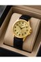 Men's Wristwatch Gold Color Case Black Leather Band Casual and Classic Style Japanese Machine - 3