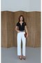 Women's Ecru High Waist Belt Detailed Piped Leg Cotton Jean Trousers - 4