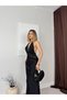 Women's Black Maxi Halter Neck Lace Detailed Backless Evening Dress - 4