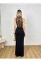 Women's Black Maxi Dress Draped Gathered Lace Detailed Sleeveless Slim Fit - 2