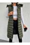 Women's Khaki Fur-Lined and Detachable Hooded Double-Pocketed Puffer Vest - 4