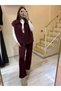 Women's Burgundy Poplin Detailed Double Tracksuit Set with Zipper, Zero Sleeve Vest, Cotton Modal, Wide Leg - 6