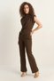 Women's Accessory Detailed Padded Blouse High Waist Ribbed Bitter Brown Trouser Set - 6