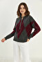 Women's Buttoned Diamond Patterned Basic Knitwear Anthracite Claret Red Sweater - 4