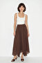 Women's Elastic Waist, Crush Effect, Lined, Flounce, Long Brown Skirt