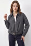 Women's Oversize Belt Detailed Zippered Lined Bomber Anthracite Jacket - 4