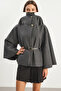 Women's Gold Button Detailed Belted Poncho Anthracite - 2