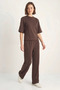 Women's Ribbed Half Sleeve T-Shirt Elasticized Wide Leg Bitter Coffee Set - 3