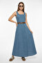 Women's Wide Collar Strap Belted Flared Denim Blue Dress - 5