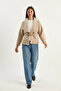 Women's Belted Lined Felt Beige Jacket Coat - 3