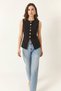 Women's Crew Neck Gold Button Detailed Lined Black Vest - 3