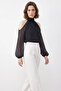 Women's Polka Dot Off-The-Shoulder High Neck Chiffon Black Blouse - 3
