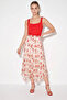 Women's Lined Elastic Waist Floral Patterned Asymmetrical Cut Crush Effect Chiffon Skirt De Red - 4