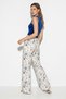 Women's Ocean Breeze Patterned Studded Scarf Accessory Pocket Detailed Elastic Waist Linen Trousers White Blue - 6