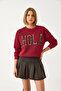 Women's Leopard Embroidered Three-Thread Embroidered Sweatshirt Claret Red - 2