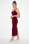 Women's Thin Straps Lace Detailed V-Neck Bodycon Maxi Burgundy Dress - 3