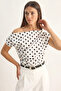 Women's Boat Neck Draped Polka Dot Ecru Black Blouse - 5