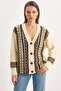 Women's Ethnic Patterned Oversize V-Neck Buttoned Thick Knitwear Cream Cardigan - 5