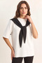 Women's Oversize Basic White Black T-Shirt with Shawl Detail - 4
