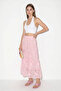 Women's Elastic Waist Self-Patterned Lined Midi Pink Skirt - 2