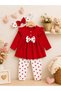 Baby Girl Ribbed Bandana with Bow and Heart Detail, 0-24 Months Baby Girl 3-Piece Set, 100% Cotton - 6